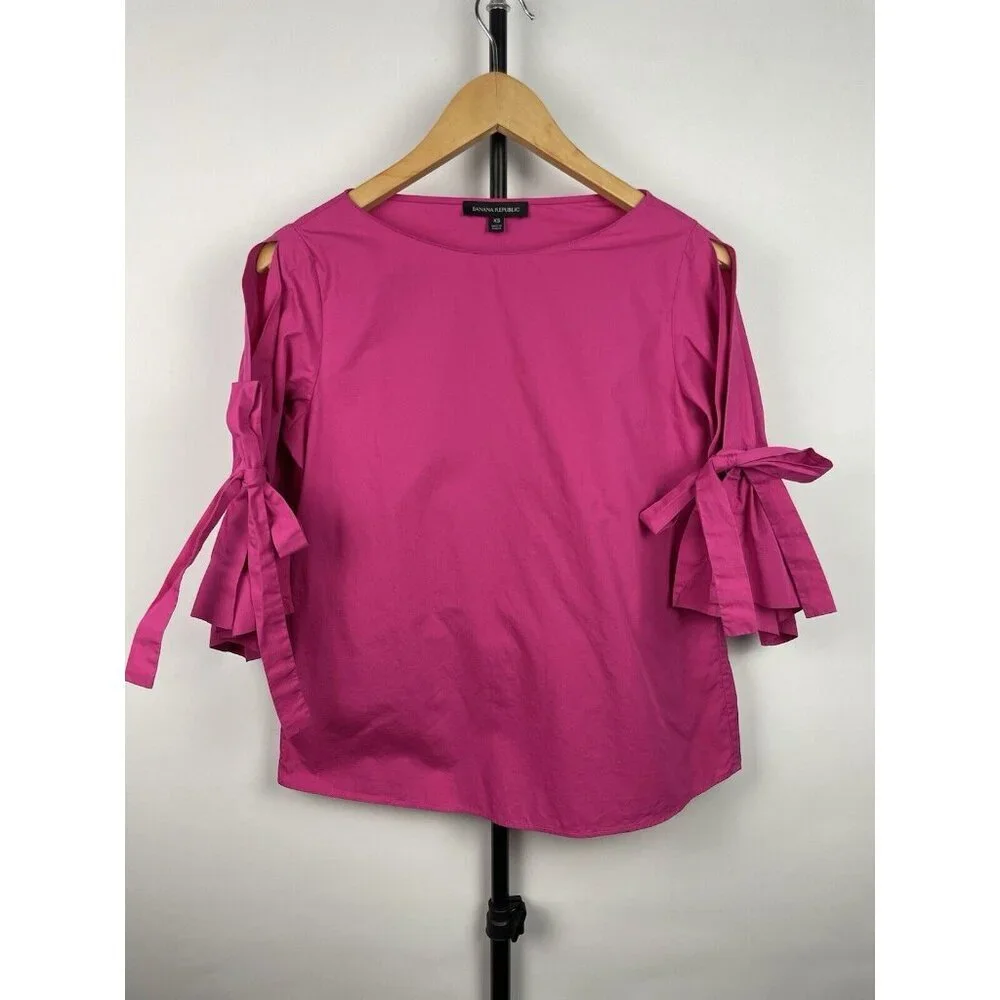 Banana Republic Hot Pink 3/4 Tie-Sleeve 100% Cotton Boat Neck Blouse Size XS - Picture 1 of 6